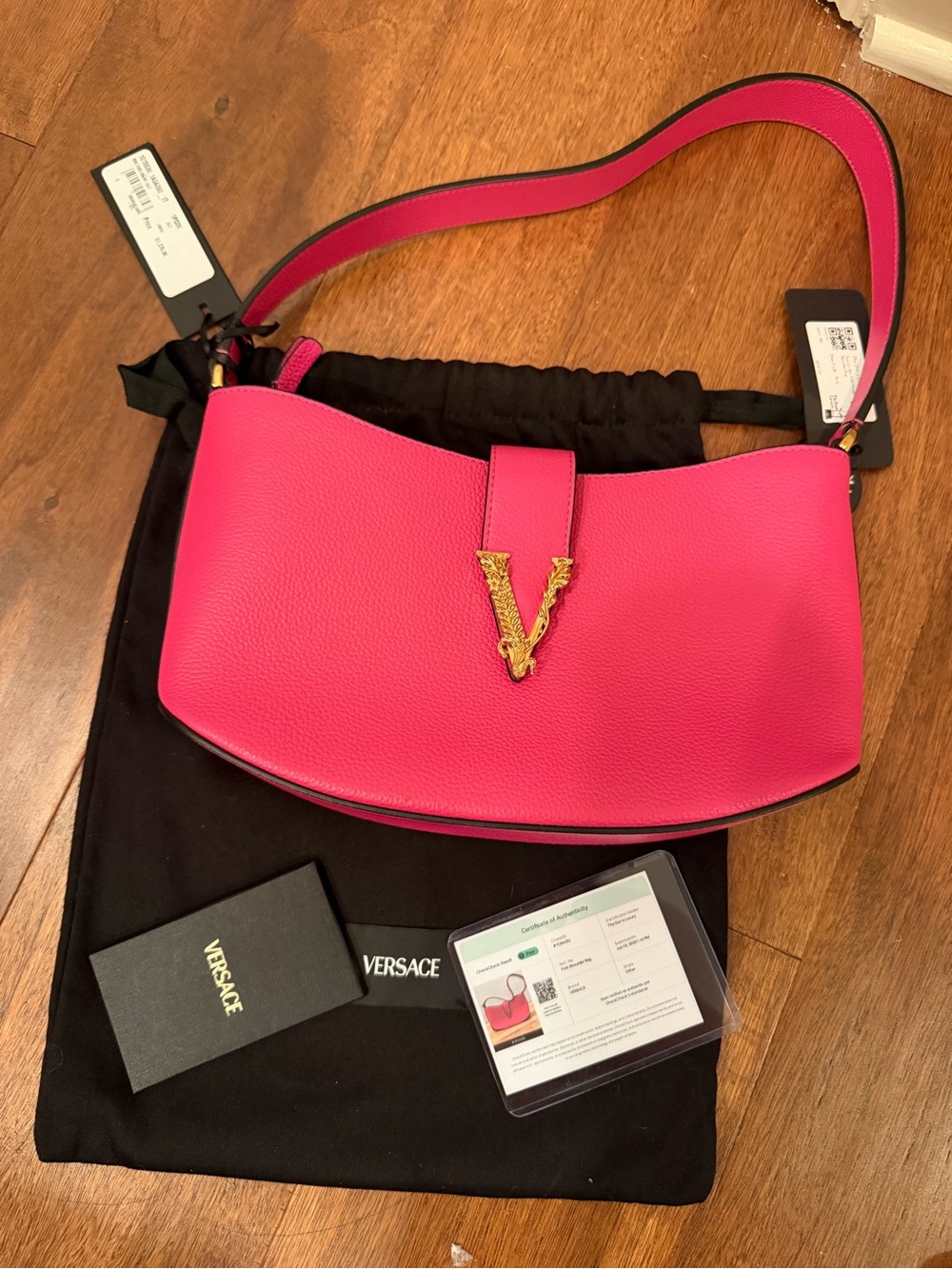 Versace Hot Pink Leather Shoulder Bag with Gold V Hardware